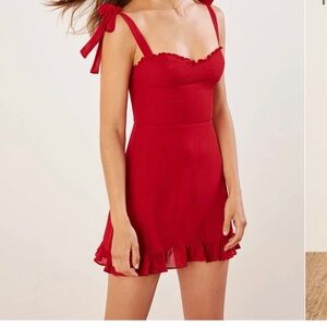 Reformation Christine Dress - Lipstick Red Tie-Shoulder Mini Dress